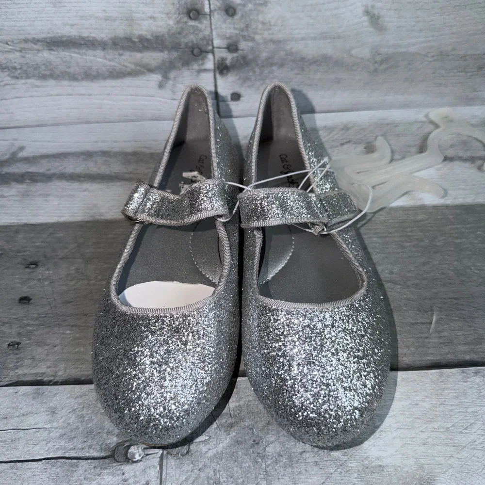 Cat & Jack Girls Silver Glitter Mary Jane Flats Dress Shoes Size 11 Sparkle